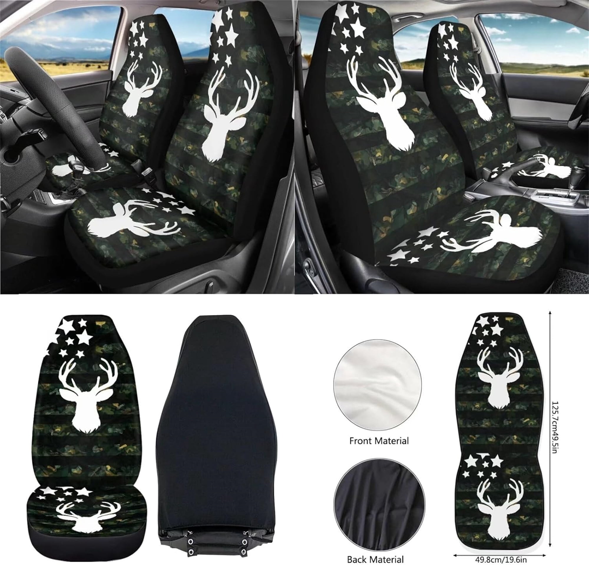 Jeiento Deer 12 PCS Front Car Seat Covers Set with Steering Wheel Cover Seat Belt Strap Pad Armrest Pad Trash Bag Phone Holder Rearview Mirror Cover Cup Holder Key Chain American Flag Camo Hunting