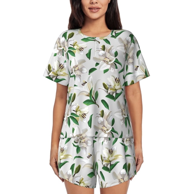 Fotbe Lilies Flowers Conjunto de Pijama Estampado para Mujer, 2 Piezas, Ropa de Dormir con Camiseta de Manga Corta y Shorts Suaves-XX-Large