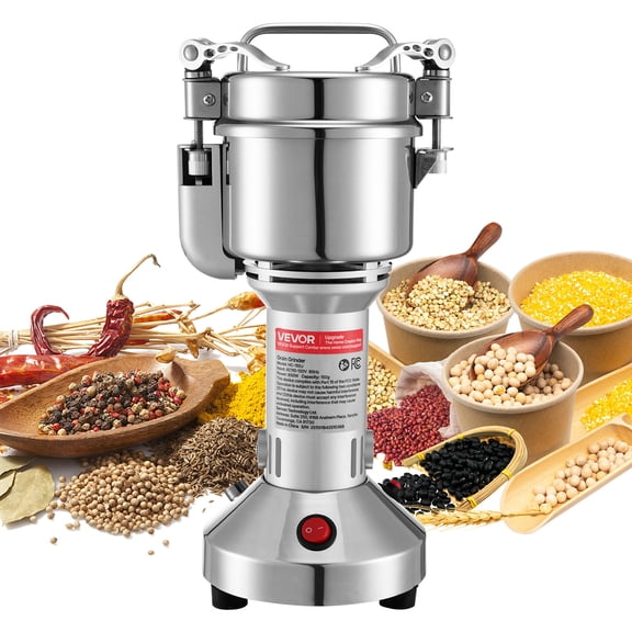 VEVOR Electric Grain Mill Grinder, 0.3 lbs Commercial Spice Grinders, High Speed 850W Stainless Steel Pulverizer Powder Machine, for Dry Grains, Spices, Cereals, Coffee, Corn & Pepper, Straight Type