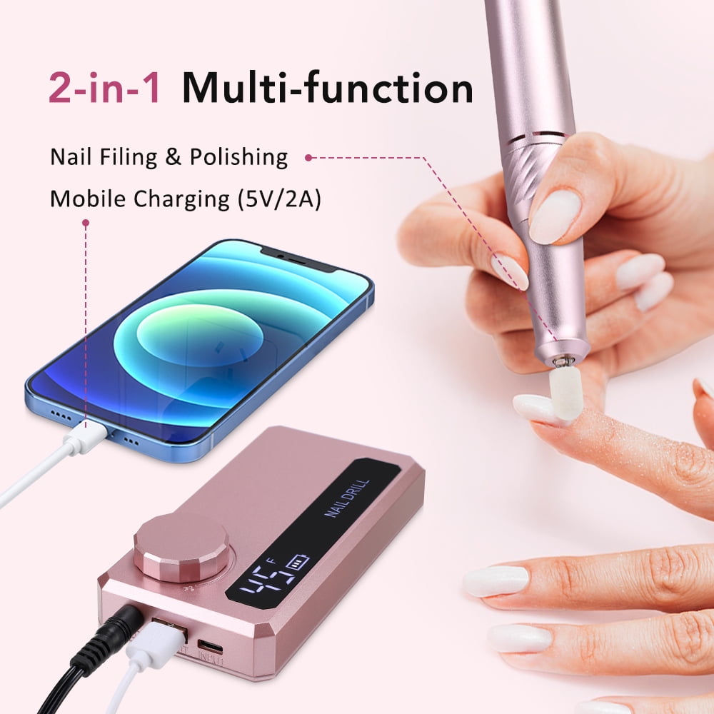 Professional Electric Nail Drill Electric File 45000RPM (Portable & Rechargeable) Portable Nail Drill Machine Kit for Manicure Pedicure Nail Set with Everything Lightweight LCD Display (Pink)