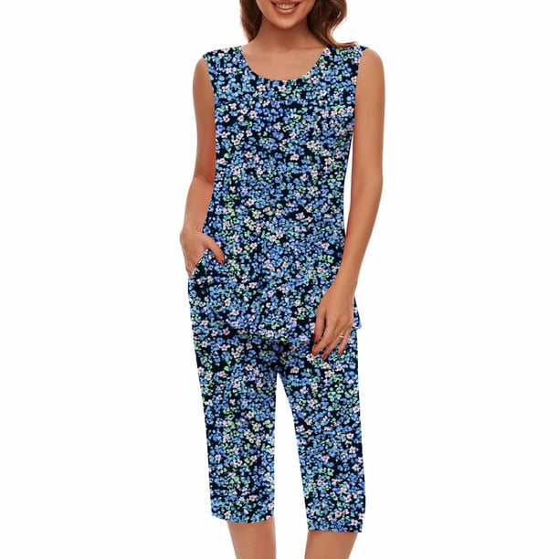 Conjunto de Verano para las Mujeres Impreso Cuello Redondo sin Mangas Y Pantalones, Casual Dos Piezas para las Mujeres