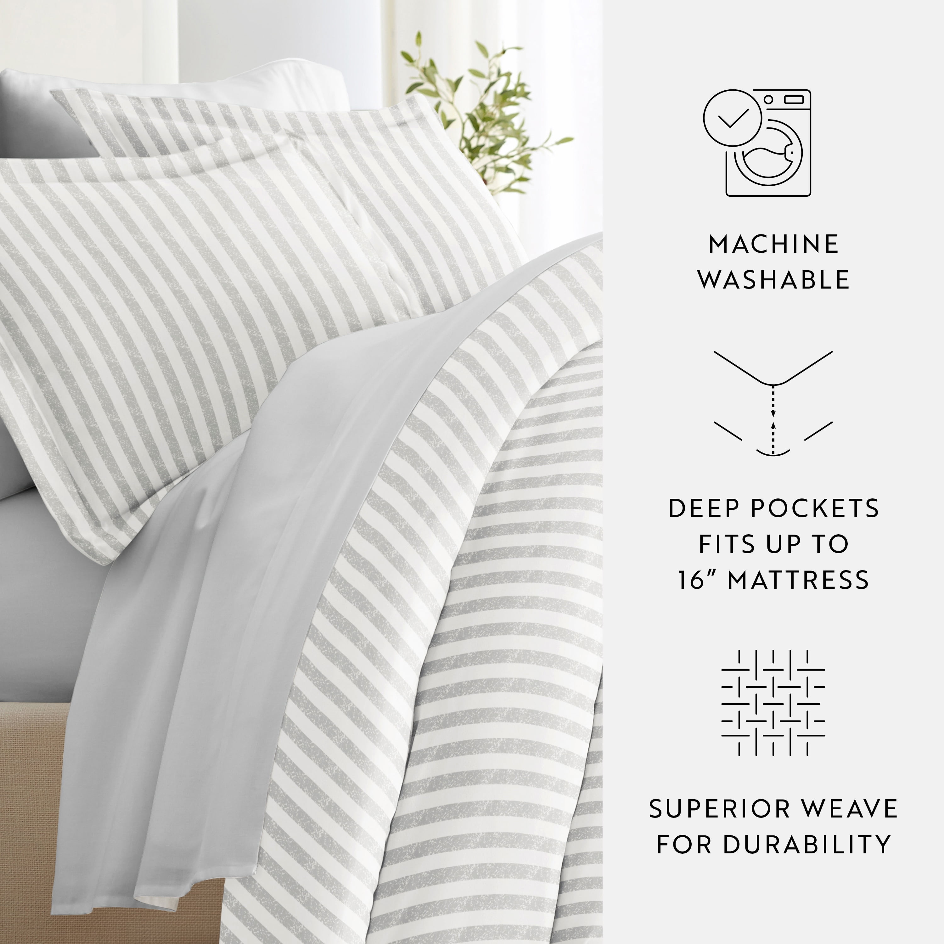 Noble Linens 7 Piece Patterned Duvet Bedding Bundle, Puffed Rugged Stripes Light Gray, Twin XL
