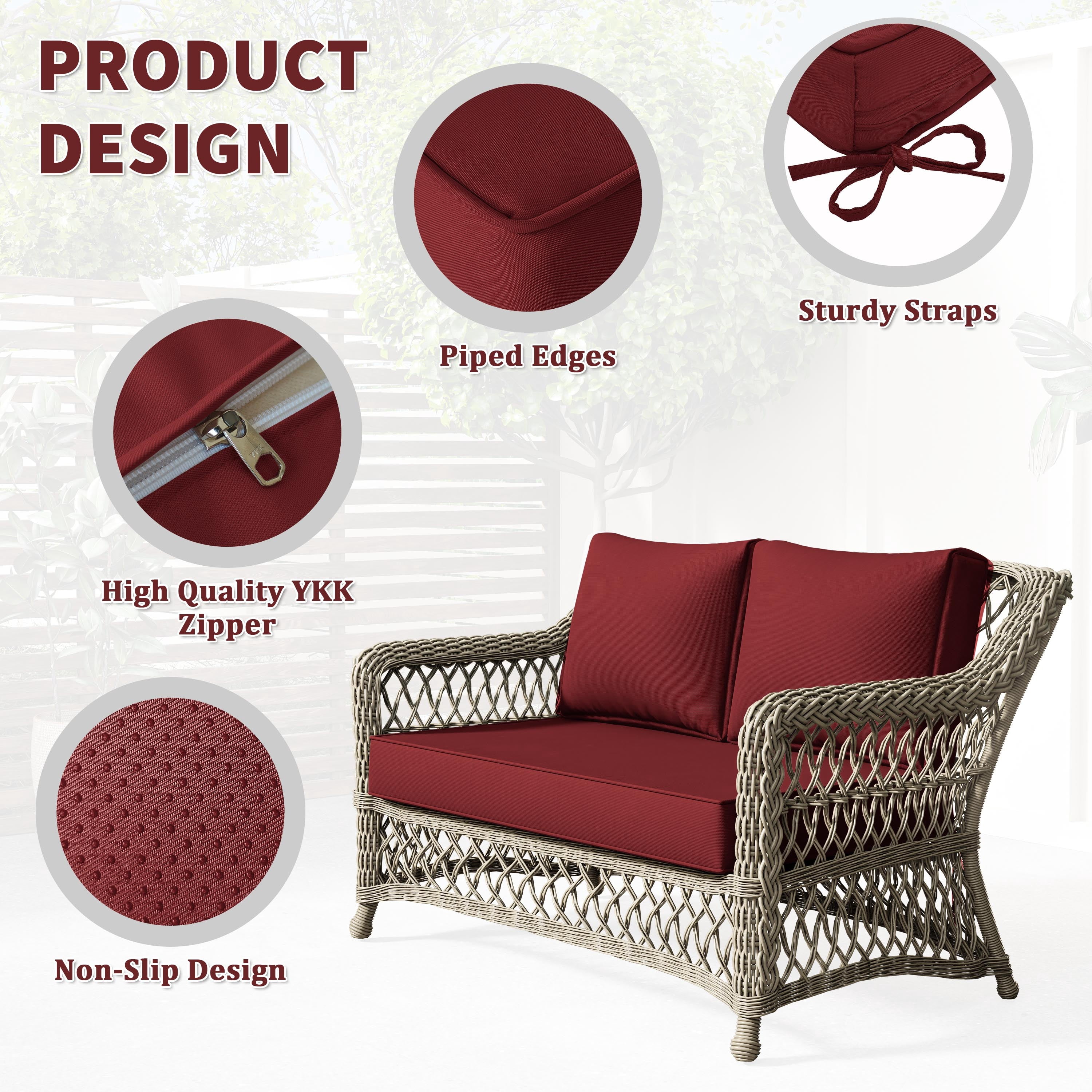Kimunuk Outdoor Loveseat Cushion Set, 46" x 26" x 5" Waterproof Patio Furniture Cushions for Couch Bench Swing, Burgundy
