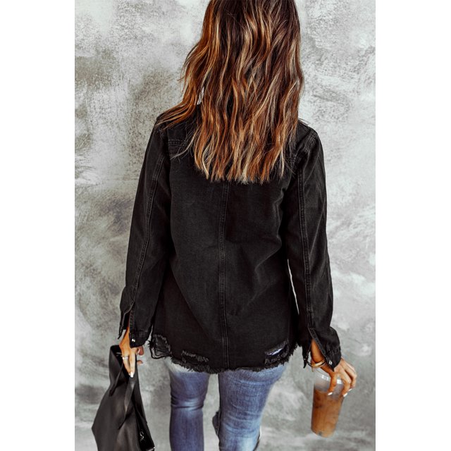 ABPHQTO Chaqueta vaquera negra con rotos para mujer