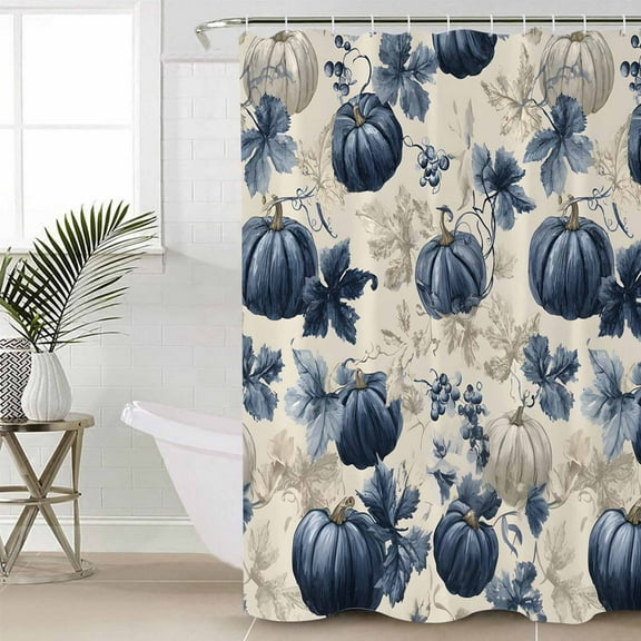 Blue Pumpkins Fall Waterproof Fabric Shower Curtain, Vintage Botanical Thanksgiving Shower Curtain for Bathroom Curtains Bathtubs Hotel Washable Shower Curtains with 12 Hooks Small 36x78in