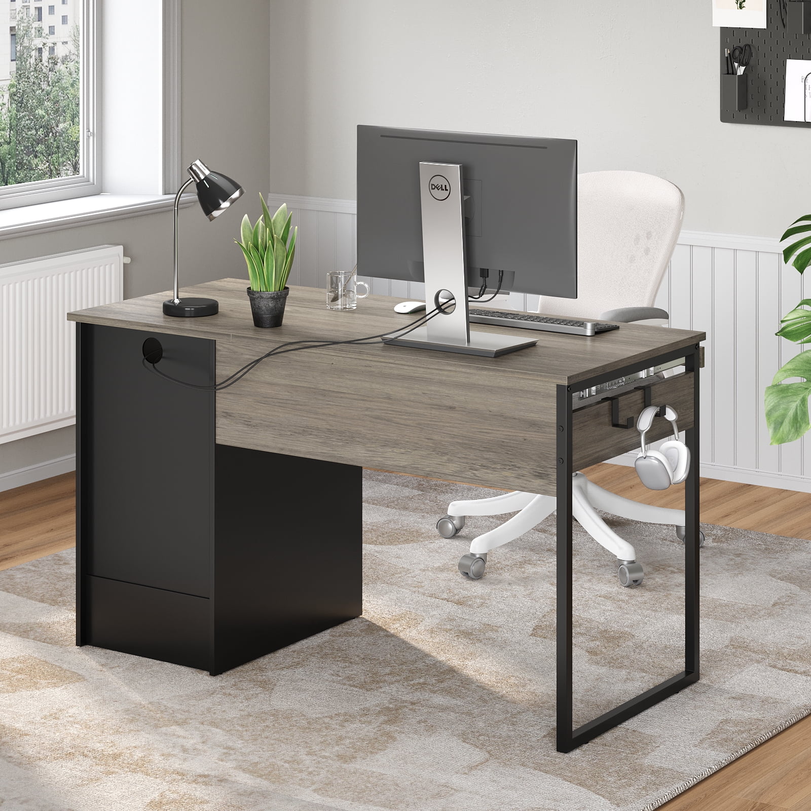 Bestier 48” Office Desk with Drawers, Computer Writing Desk with Keyboard Tray & 2 Hooks for Home Office, Gray