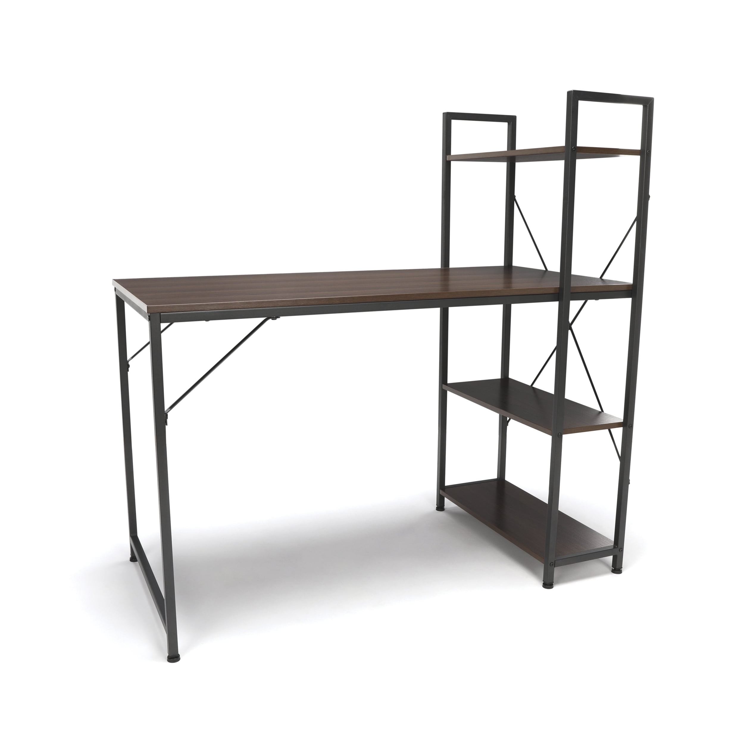 Essentials By Ofm Writing Desk With 4 Shelf Unit Walnut Finish