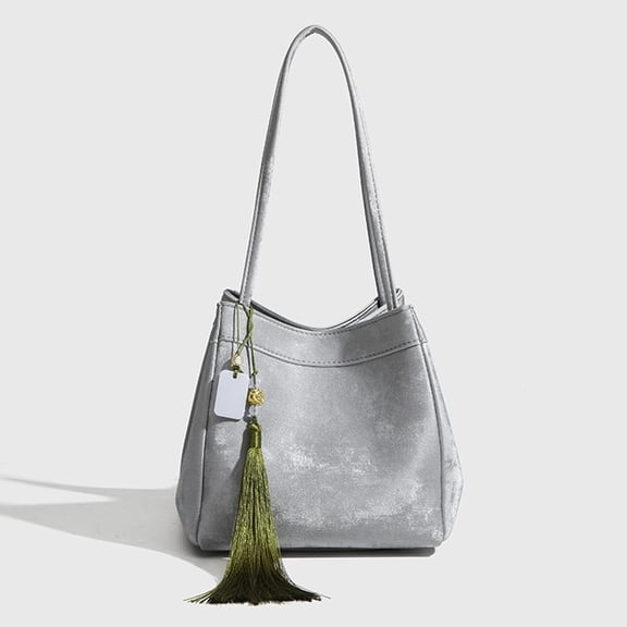 Alikpop Silver Shimmer Tassel Versatile Accessory Bucket Tote Purse, Multi-Wear Leisure Outing Shoulder Crossbody Bag for Women