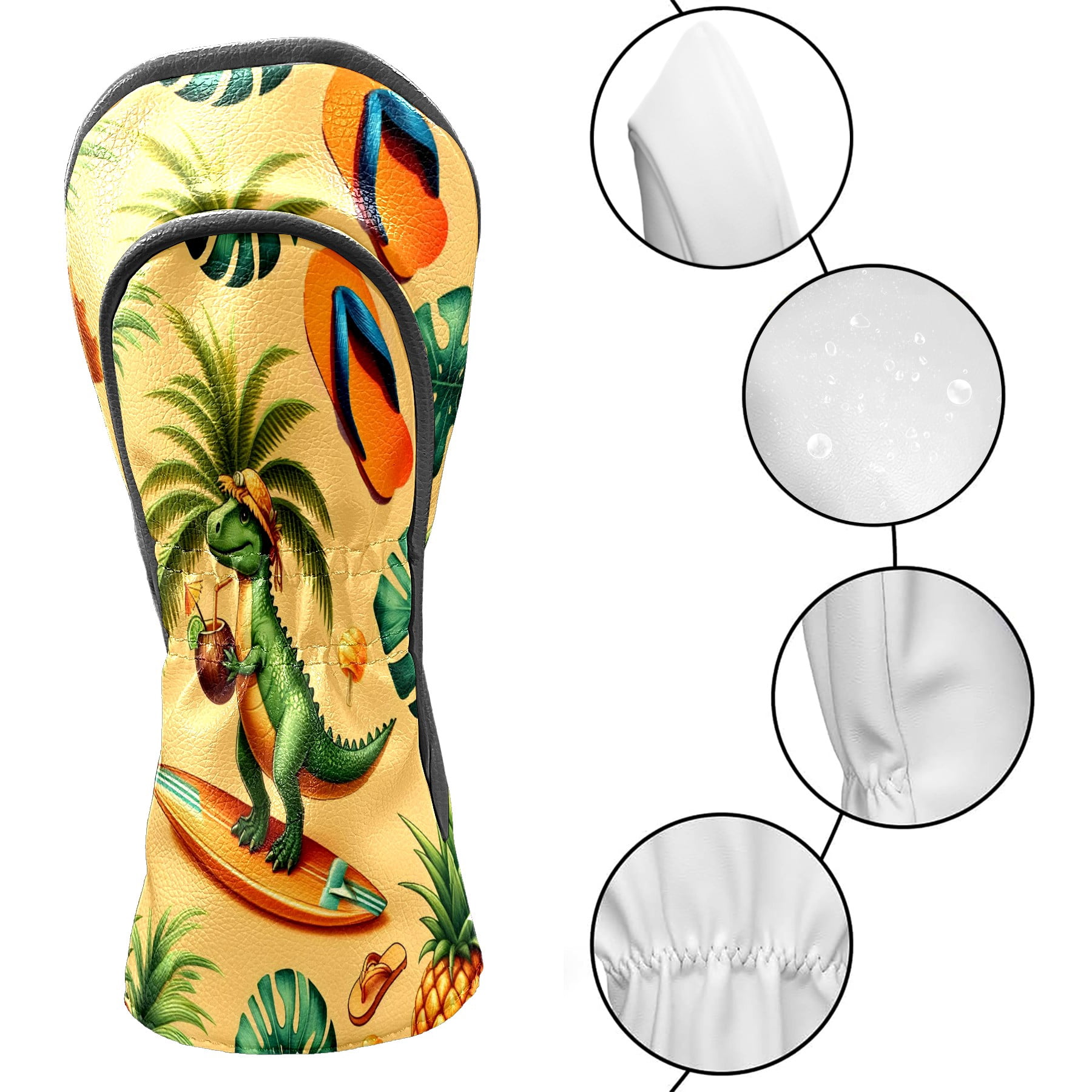 Golf Club Covers, Yellow Dino Surf Premium PU Leather Driver Hybrid Putter Head Covers with Velvet Lining, Waterproof Golf Gifts for Men Women