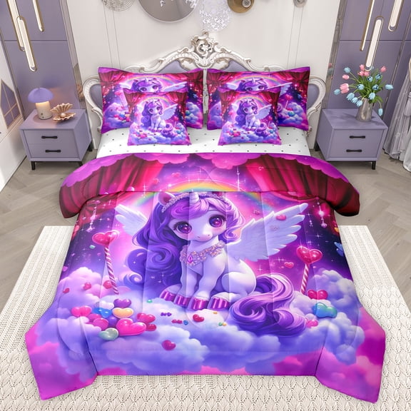 Feelyou Magic Unicorn Angel Twin Bedding Sets 7-Piece, Dreamy Cloud Rainbow Galaxy Bedding Comforter Set, Fairy Tale Animal Reversible Sheet Sets, Luxury Bedroom Decor