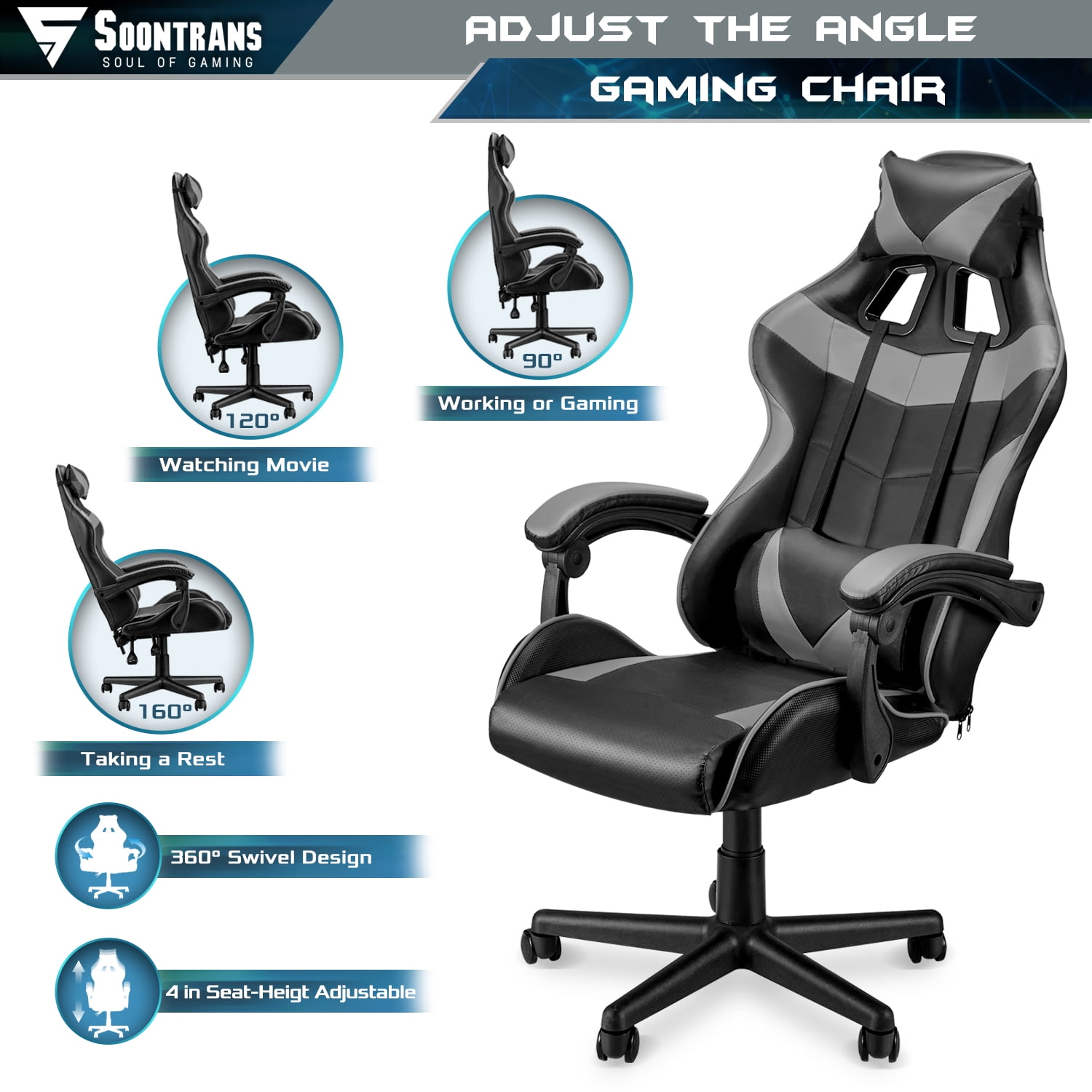 Soontrans Gray Gaming Chairs with Massage,Ergonomic Computer Gamer Chair,Game Chair with Adjustable Headrest and Lumbar Support, Gray