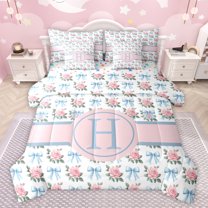 jejeloiu Letter H Monogrammed 7-Piece Bedding Comforter Set,Cartoon Bow Tie King Bedding Sets,Pink Cute Flowers Bed Sheets For Girls,Microfiber Room Decorative Reversible