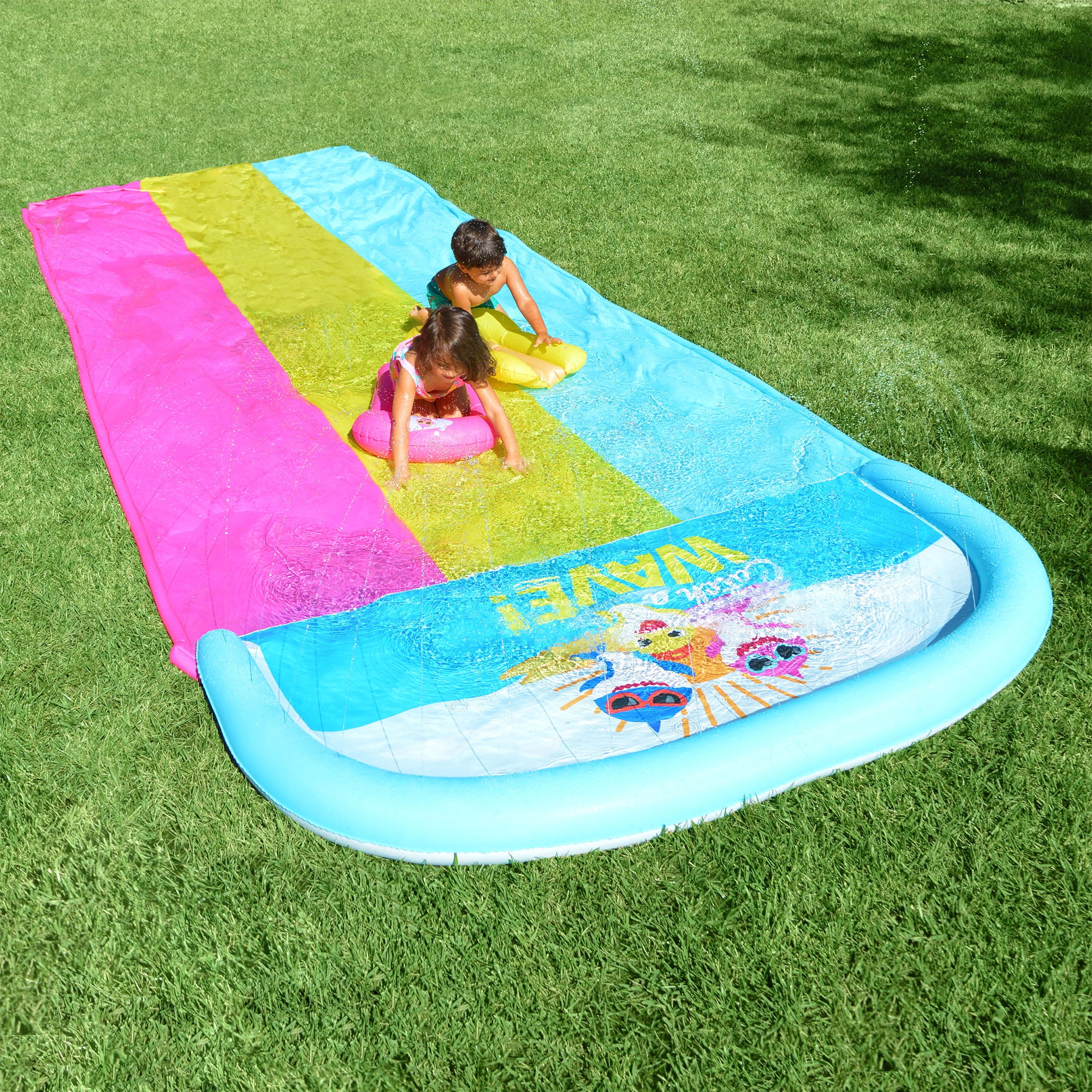 Baby Shark Triple-Lane Water Slide + (3) Inflatable Boogie Boards for Summer Water Play for Toddlers & Children Age 2+