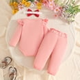 thumbnail image 4 of JIAYUE Baby Girls3-Piece Outfit Letter Print Ruffle Long Sleeve Bodysuit Floral Decor Pants Bow Headband Set For Casual Wear,6-12 Months, 4 of 8