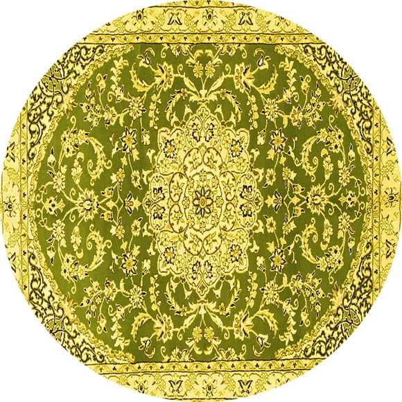 Ahgly Company Indoor Round Medallion Yellow Traditional Area Rugs, 4' Round