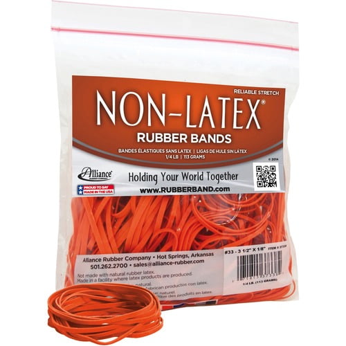 Alliance Rubber 37338 Non-Latex Rubber Bands - Size #33 - 1/4 lb. poly bag contains approx. 180 bands - 3 1/2 Alliance Rubber 37338 Non-Latex Rubber Bands - Size #33 - 1/4 lb. poly bag contains approx. 180 bands - 3 1/2