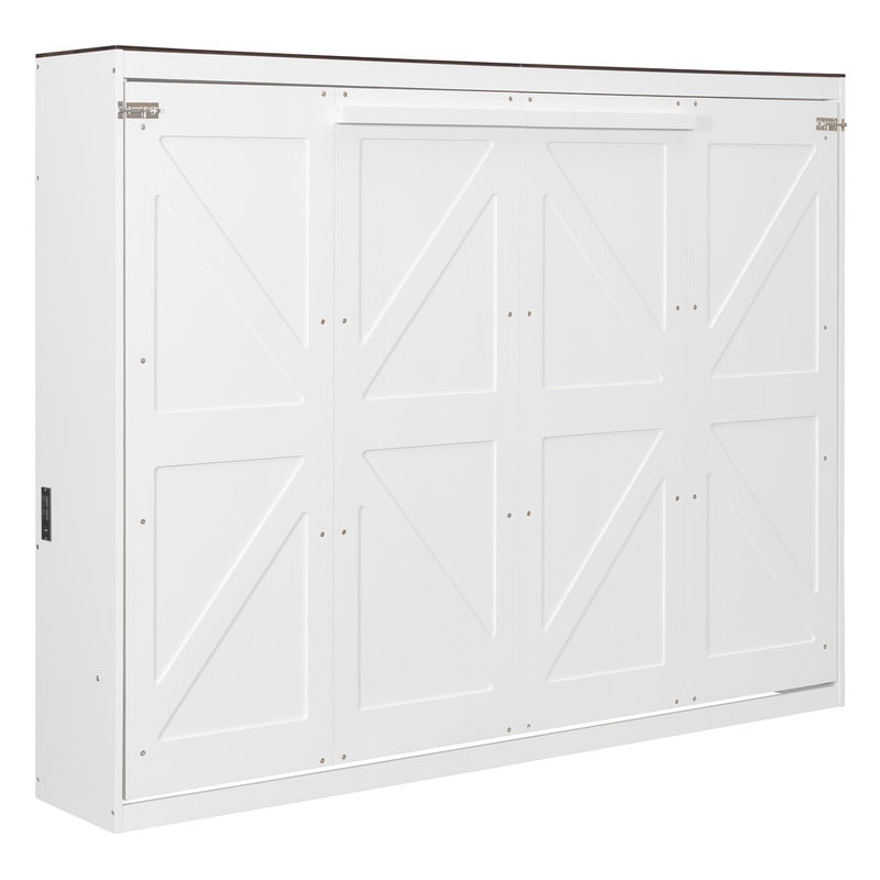 Queen Size Wood Murphy Bed with Hidden Folding Platfom Bed, Wall Cabinet Bed Frame with Shelf Top & Side Charging Station