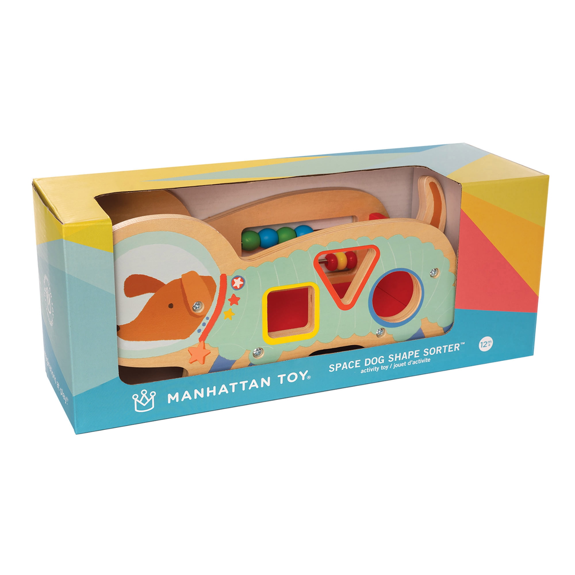 Manhattan Toy Space Dog Wood Shape Sorter with Springy Tail and Bead Run