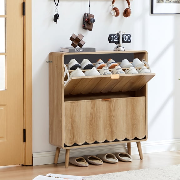 Wirrytor Wave Panel Shoe Storage Cabinet with 2 Flip Drawers for Entryway, Wooden Narrow Shoe Rack Organizer for Foyer Hallway Entrance, Natural