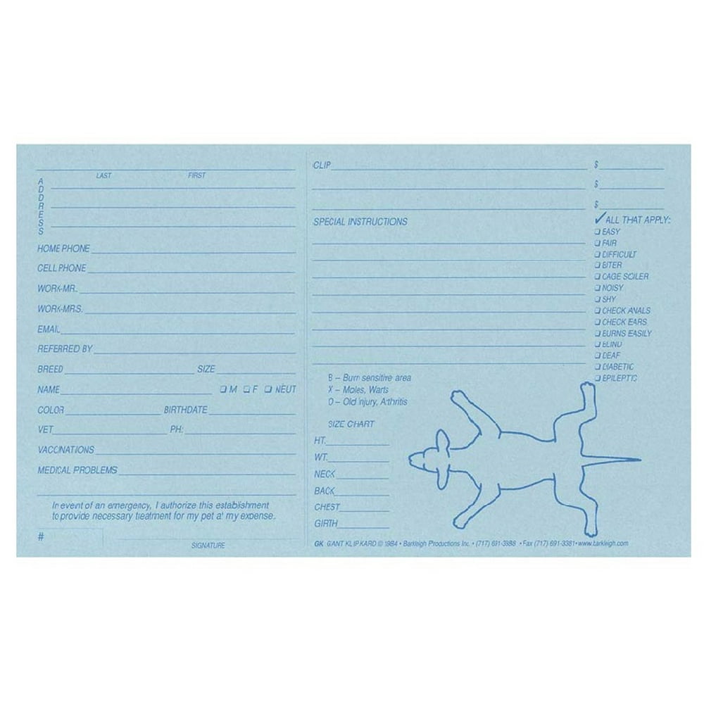 Blue Klip Kards Dog Grooming Kennel Card Diagram Info Checklist 5 x 8