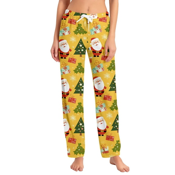 Women's Fashion Loose Casual Christmas Snowman Print Pants with Drawstring Elastic Waist, Comfortable Sleepwear and Loungewear Trousers for Home,Yellow,L