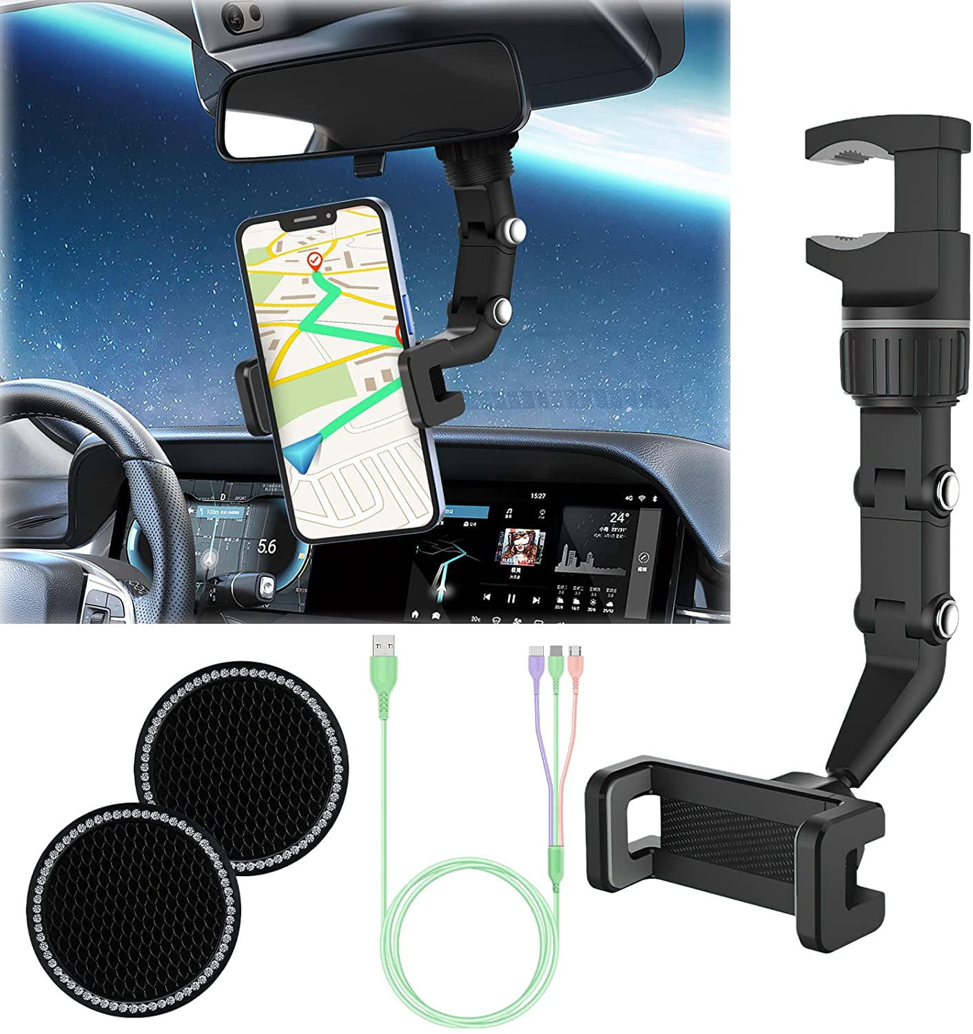 Car Phone Holder Multifunctional 360 Degree Rotatable Auto Rearview Mirror  Seat Hanging Clip Bracket Cell Phone Holder for Car