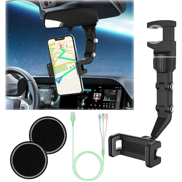 Multifunctional Rearview Mirror Phone Holder, 360 Rear View Mirror Phone Holder,360 Degrees Rotating Car Phone Holder and GPS Holder Universal Car