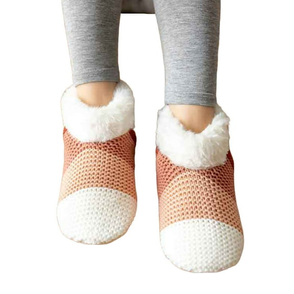Opvise Womens Socks 1 Pair Floor Shoes Socks Knitted Color Block Fuzzy Plush Lining Non-slip Silicone Keep Warm Cozy Winter Thermal Women Men Indoor Home Slipper Socks for Daily Grey