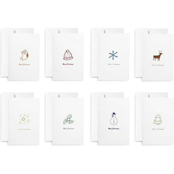16 Pack Small Size Merry Christmas Cards with Envelopes, 3.3 x 5 Inch, White Color Shiny Colorful Merry Christmas Xmas