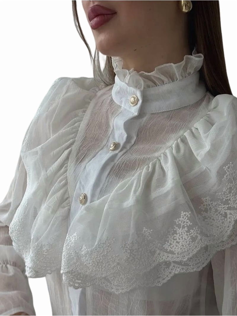 Women'S French Palace Style Stand Collar Chiffon Blouse with