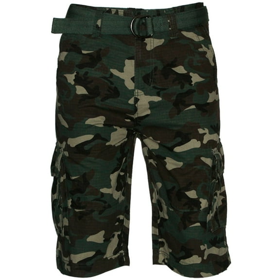 Men's Shorts Cargo Pocket Casual Lightweight Cotton Active Belted Cargo Shorts, Camo Green, 36