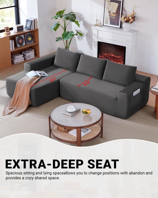 L-Shaped Modular Sectional Sofa with Chaise, 96.9'' Corduroy Boneless Couch Cloud Sofa with Deep Seat for Living Room Bedroom