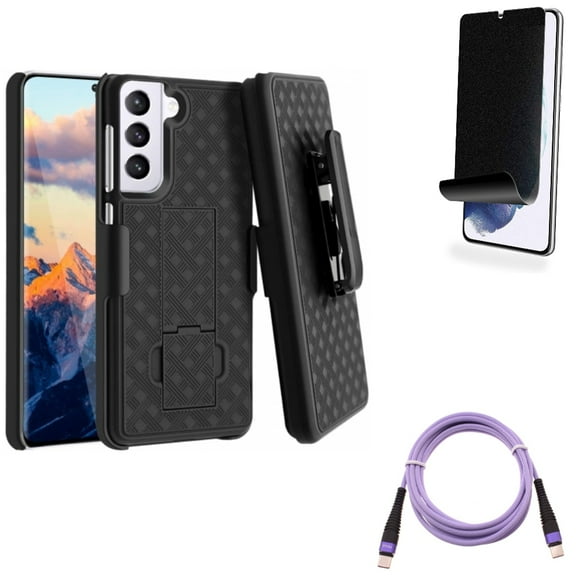For Samsung Galaxy S21 (6.2") - [Fingerprint Works] TPU Film Privacy Screen Protector   Long Charger Cord Type-C to USB-C Purple 6ft PD Cable   Swivel Holster Case Belt Clip