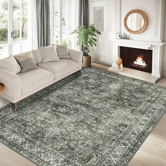 Garvee 8'x10' Vintage Persian Area Rugs for Living Room, Non Slip Machine Washable Rugs Low Pile Distressed Indoor Rug Floral Print Carpet for Dining Room Bedroom Office, Green