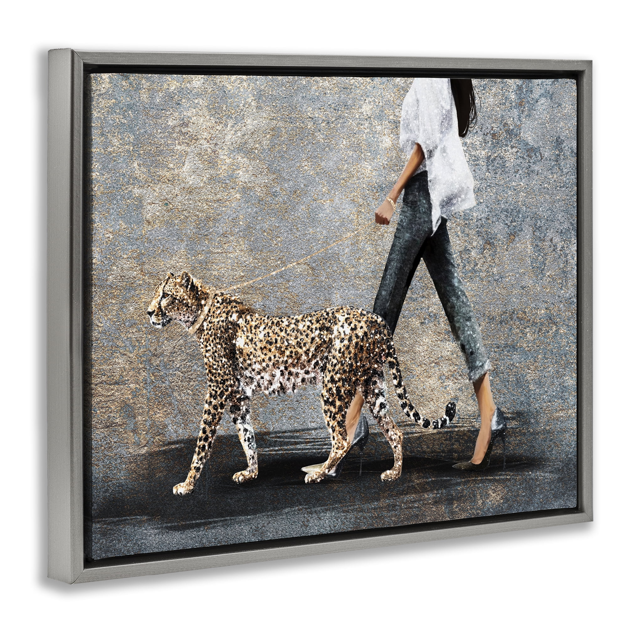 Stupell Industries Trendy Woman with Leopard People Painting Gray Floater Framed Canvas Art Print Wall Art, 31 x 25