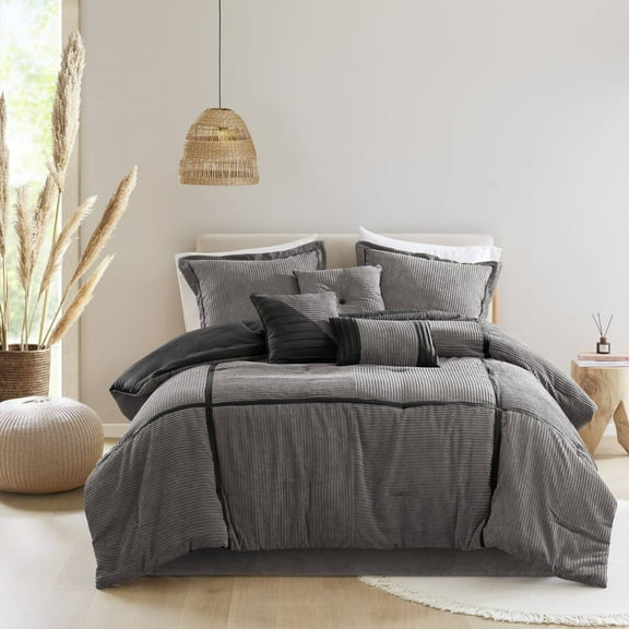 Bedding Sets, 7 Piece Micro Corduroy Comforter Set Grey King, Bed Sets, Comforter Sets,