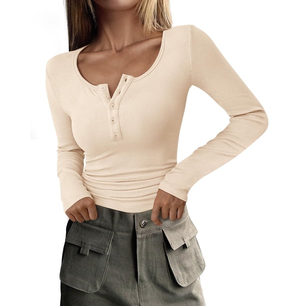 Remera Mujer PRETTYGARDEN Otoño 2025 Manga Larga Henley XXL Beige