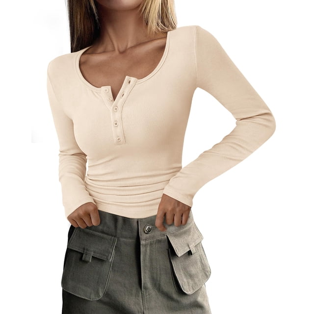 Remera Mujer PRETTYGARDEN Otoño 2025 Manga Larga Henley XXL Beige
