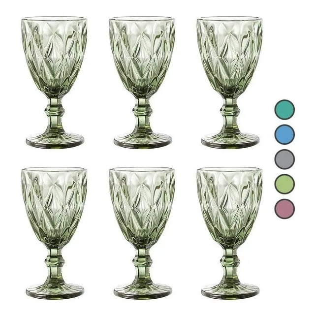 Juego de 6 Copas de Cristal Labrado VITTORI Vintage Color Verde Olivo 335 ml