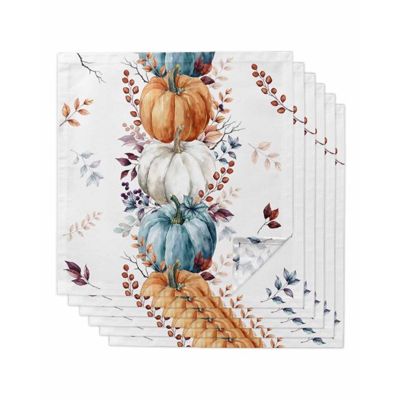 Blue Pumpkin Fall Cloth Napkins Set of 6 Reusable Dinner Napkins, Thanksgiving Autumn Orange White Eucalyptus Cocktail Napkin Washable Table Napkins for Wedding/Holiday Party/Baby Shower 20"x20"