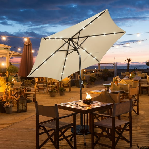 Gymax 9 ft Patio Table Market Umbrella Yard Outdoor w/ Solar LED Lights Beige