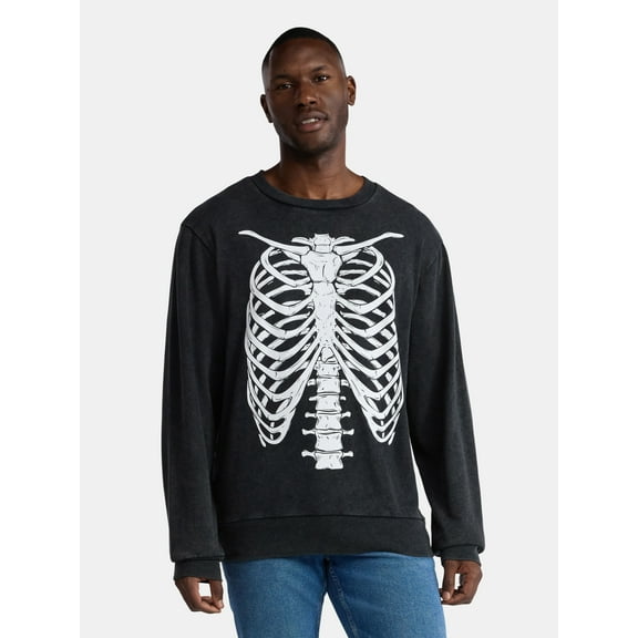 Halloween Crewneck Mineral Wash Fleece Sweatshirt, Skeleton Rib Cage, Men's Sizes XS-3XL