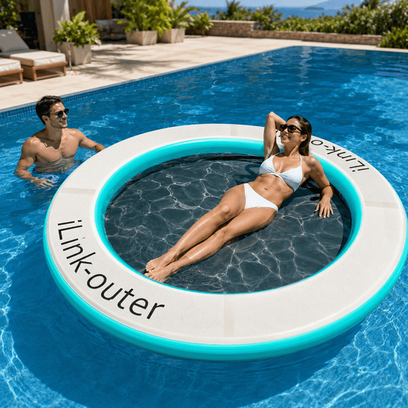 8 Ft Round Inflatable Water Hammock Floating Ring With Carrying Bag – Heavy-Duty Raft Platform For Pool Or Lake, Perfect For Group Summer Fun