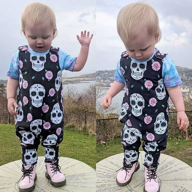 Tout-petit Enfants Bébé Garçon Skull Barboteuse Justaucorps Combinaison Florale Bandeau Ensembles Tenue Costume de Fête
