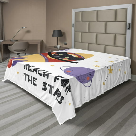 Space Flat Sheet, Hand Drawn Like Monkey Astronaut Flying in Rocket Planet Wording Reach The Stars, Soft Comfortable Top Sheet Decorative Bedding 1 Piece, 6 Sizes, Multicolor, by Ambesonne