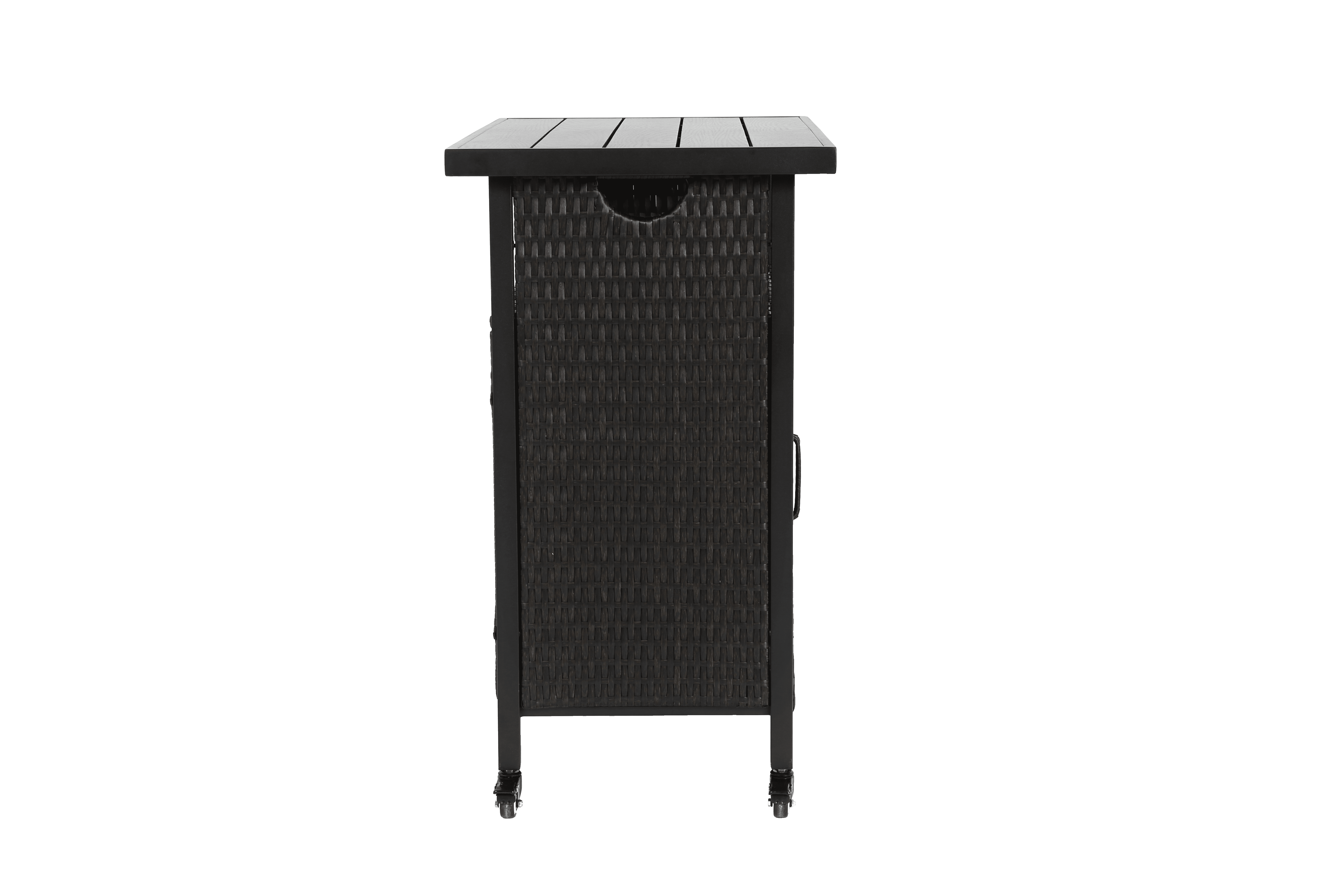 Outdoor Wicker Bar Cart with Plastic Wood Top and Wheels, Rolling Patio Wine Serving Cart for Garden and Backyard Party, Black