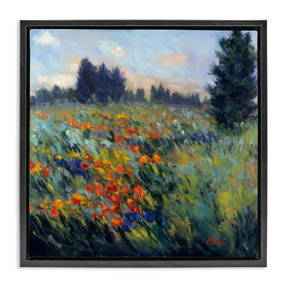 Stupell Industries Flower Meadow Landscape Landscape Painting Black Floater Framed Canvas Art Print Wall Art, 18 x 18
