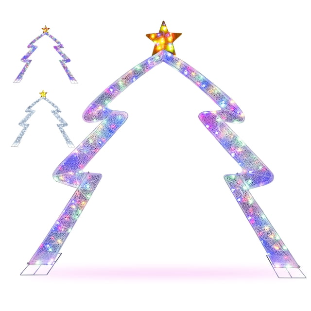Gymax 8.8 FT Christmas Tree-shaped Archway with a top star and adjustable LED lights, designed for outdoor use. The archway features a festive tree-inspired design with bright, energy-saving LED lights in cool white and colorful options. Made from durable fabric and supported by a sturdy metal frame with widened bases, ropes, and ground stakes for stability. Suitable for yards, gardens, porches, and other outdoor spaces.