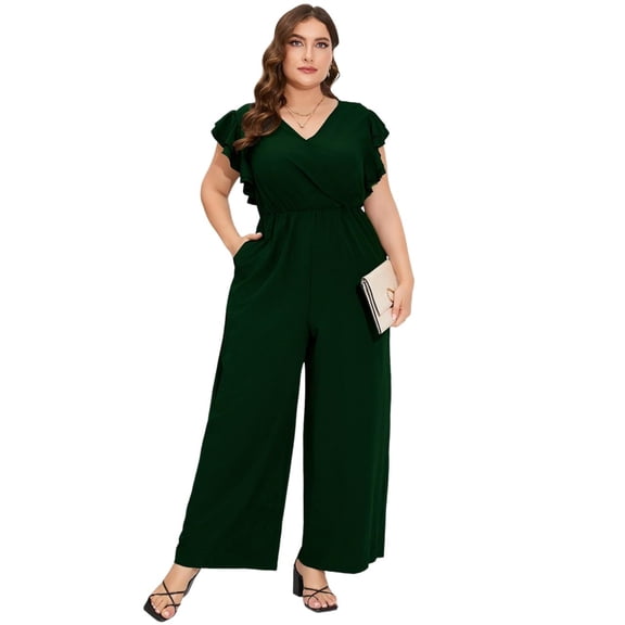 Yesfashion Women Plus Size Jumpsuit Wrap V Neck Ruffle Short Sleeves High Waist Wide Leg Romper Pants