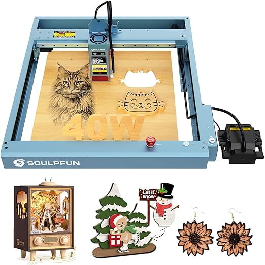 Sculpfun SF-A9 de 40 W Grabador láser con punto láser ultrafino y asistencia automática por aire de 400 x 400 mm